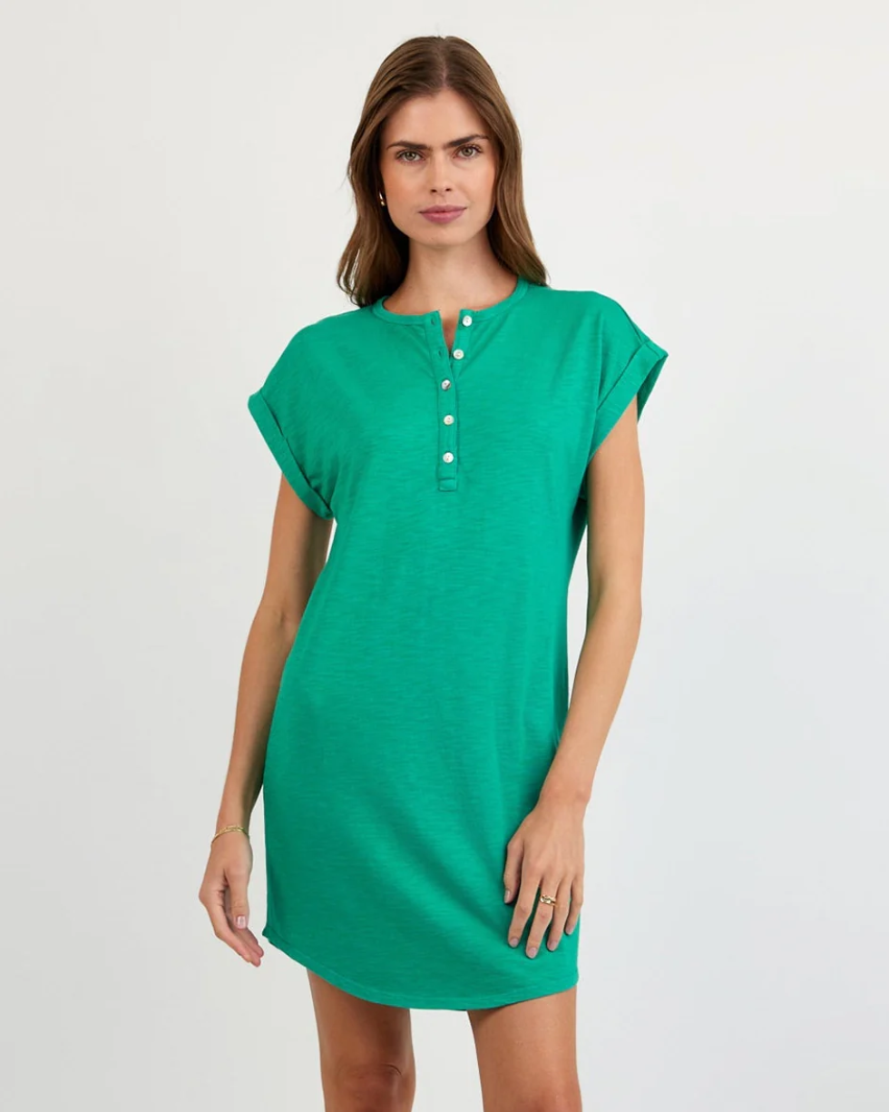 Cap Sleeve Placket Dress - Aqua Green